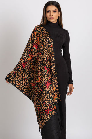 Wrap - Kamal Embroidered Wool Black & Multi