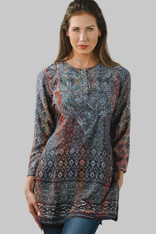 Tunic Steel Blue Silk - Hand Embroidered