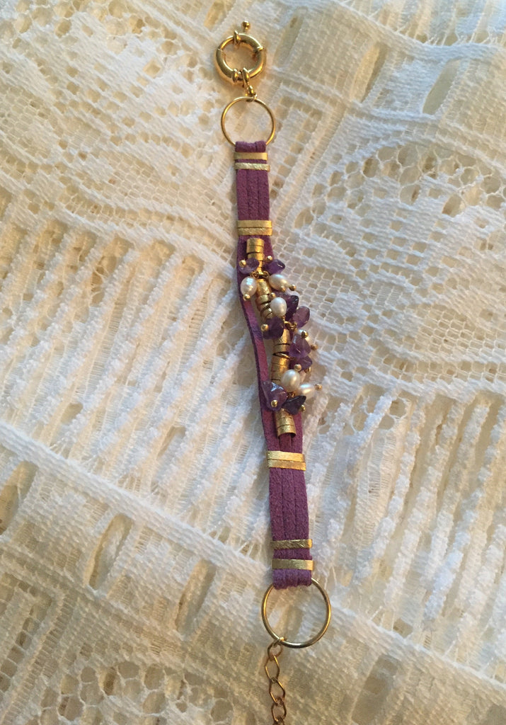 Brazilian Leather Bracelet with Fresh Water Pearls & Amethyst - Purple