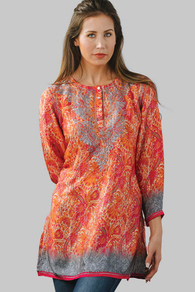 Tunic Orange and Silver Silk - Hand Embroidered